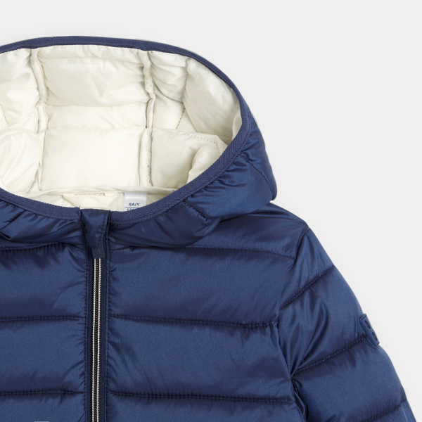 سترة منفوخة بغطاء رأس سادة أزرق بحري للبنات